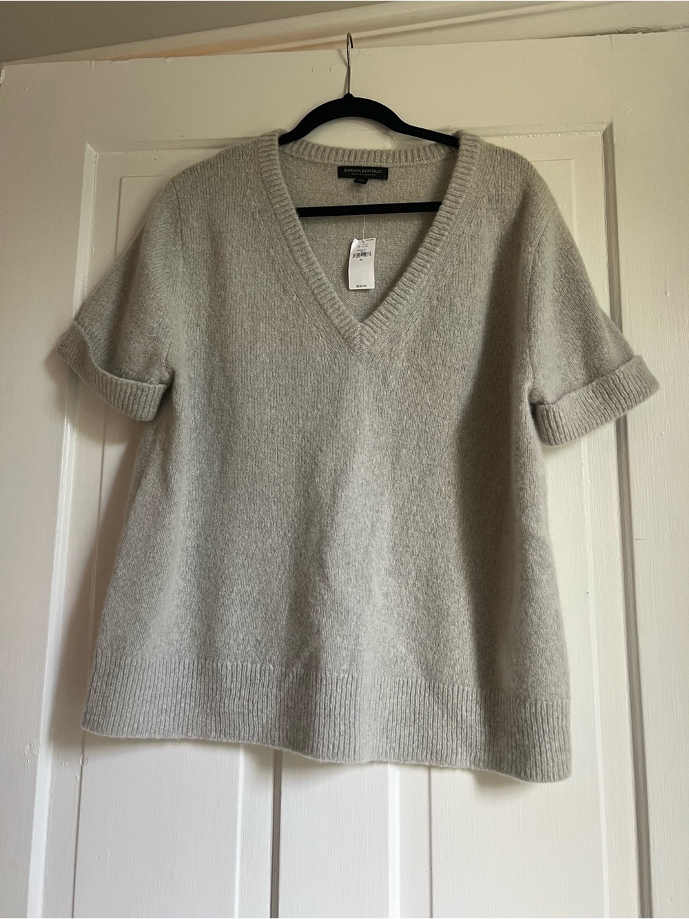 Banana Republic 100% Cashmere Soft V-Neck Short Sleeve Sweater in Light Gray NWT